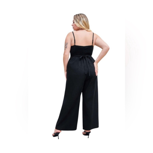 CIDER Black Wide Leg Crop Jumpsuit 0XL 12/14 Smocked Back Pockets - Picture 2 of 10